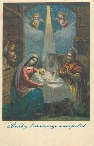 greetings Postcard Christmas Night Nativity scene Holy Child surrounded by angels, shepherds and animals