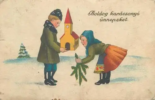 Merry Christmas greetings Postcard ethnic types typical folk costumes illustration