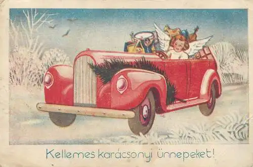 Merry Christmas greetings Postcard fantasy surrealism illustration angel in classic vintage car with toys