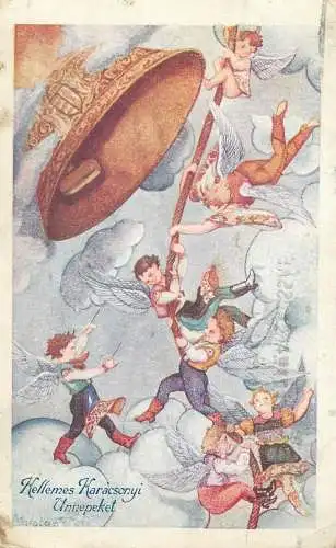 Merry Christmas greetings Postcard fantasy surrealism illustration angel types
