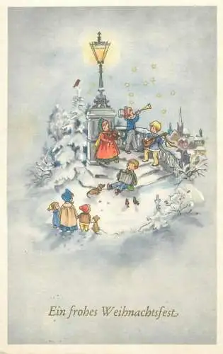 Frohe Weihnachtfest greetings Postcard illustration Holiday celebration types and scenes