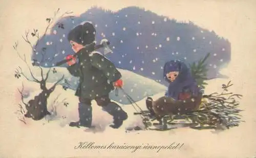 Merry Christmas greetings Postcard snowy day illustration