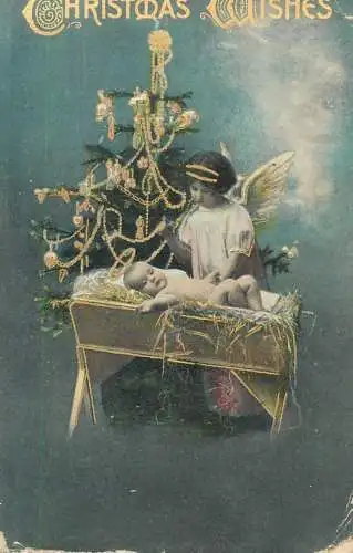 Christmas wishes greetings Postcard child in cradle visited by angel