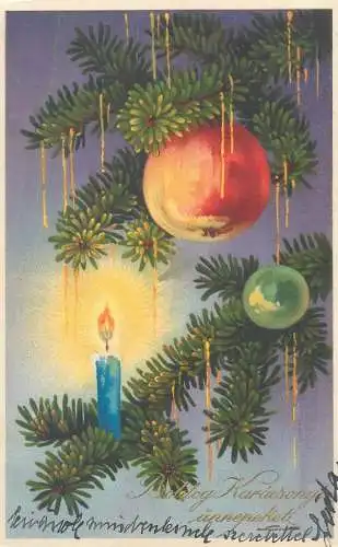 Christmas greetings Postcard decorated fir tree globes lit candle ornament decorations