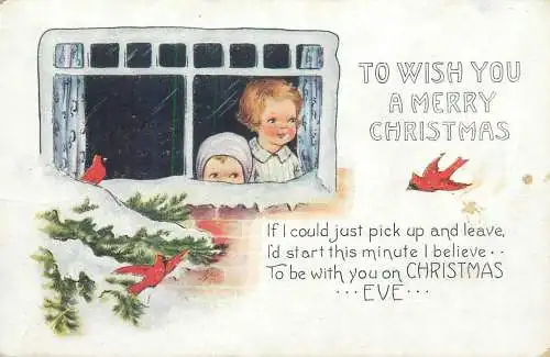 Christmas greetings illustration Postcard children looking through the window