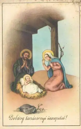 Merry Christmas greetings Postcard Holy Family Nativity scene