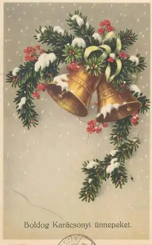 Merry Christmas greetings Postcard Christmas tree branch and bells
