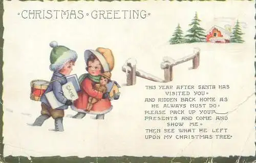 Christmas greetings illustration Postcard winter day