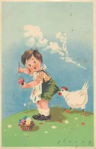 Easter funny illustration Postcard boy painting egg attacked by rooster