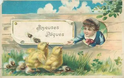 Joyeuses Paques illustration Postcard chicken poultry willow branch