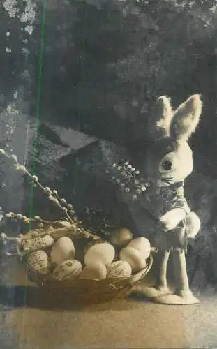 Easter Postcard pencilled eggs bunny blossom willow branch