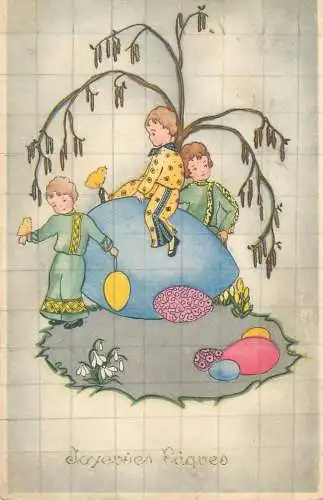 Easter greetings illustration Postcard Joyeuses Paques children types painted eggs