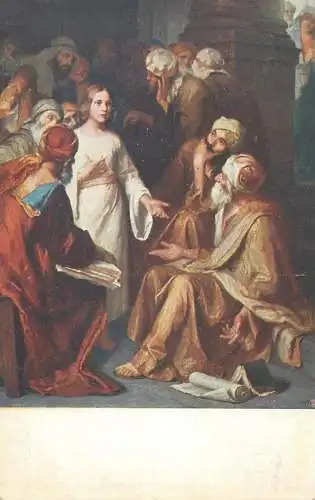 Religious fine art vintage postcard Jesus in the Temple Rottmann painting