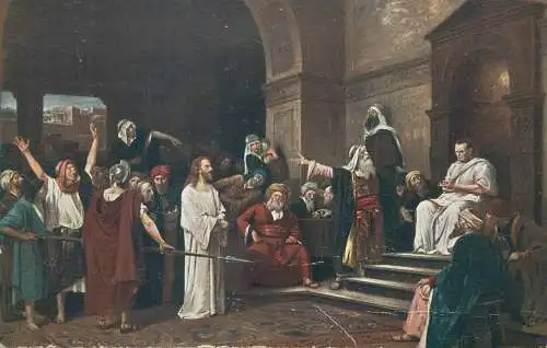 Religious fine art vintage postcard Jesus Christ in front of Pilat Munkacsy painting