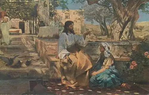 Religious fine art vintage postcard Jesus with Maria and Martha H. Semiradsky painting