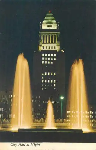 Postcard USA CA Los Angeles city hall at night fountain