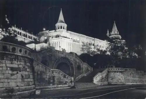 Postcard Hungary Budapest fisher's bastion night scene 1956