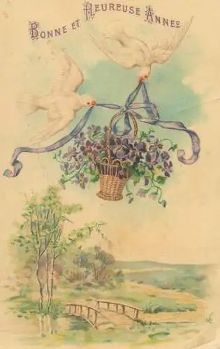 Bonne et Heureuse Annee Greetings Postcard doves carrying violet flowers basket