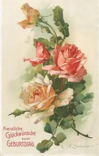 Greetings Postcard Herzliche Gluckwunsche zum Geburtstag roses bouquet