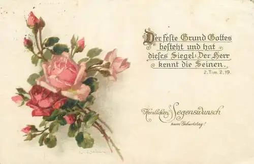 Greetings Postcard Herzlichen Segenswunsch zum Geburtstag roses bouquet