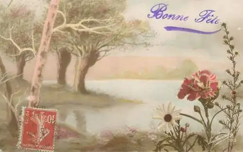 Post card greetings Bonne Fete picturesque landscape wildflowers