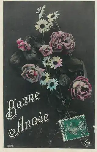 greetings Bonne Annee Post card roses and daisies