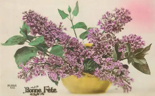 greetings Bonne Fete Postcard lilac floral arrangement