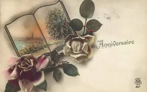 Anniversaire greetings 1923 Postcard book and roses