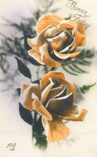 Bonne Fete greetings 1937 Postcard roses