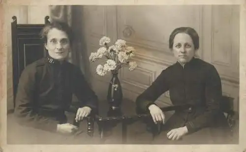Post card social history elegant women real photo vase floral arrangement