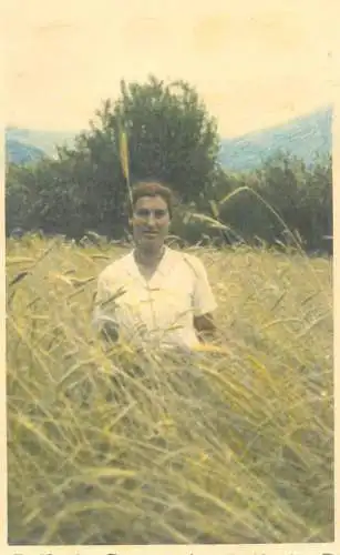 Post card social woman in the wheat field instant snapshot real photo