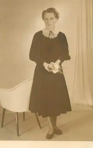 social history 1955 Post card black dress elegant young woman real photo