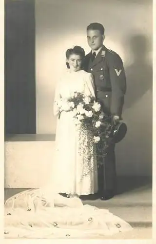 social history memory Post card soldier dressed in uniform and his wife newlywed couple real photo