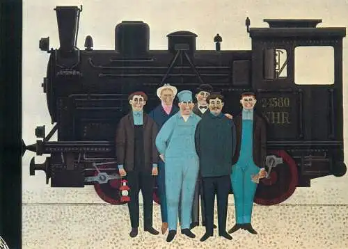 Painting postcard Jan Balet Die experten locomotive