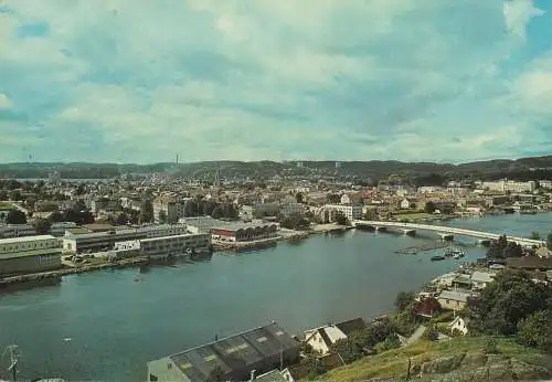 Postcard Norway Kristiansand town view from Hamreheia and bridge crossing Otra river