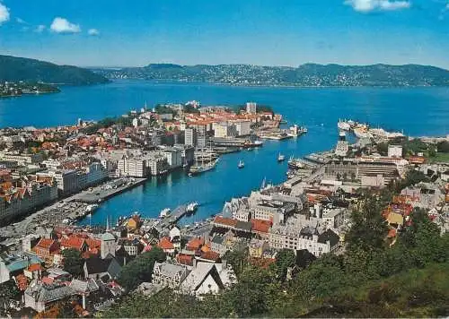 Postcard Norway Bergen town scenery and Vagen harbour centre