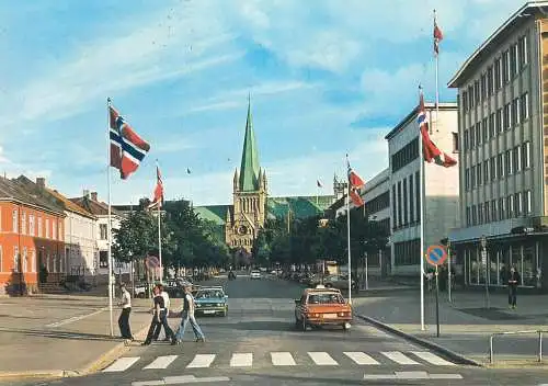 Postcard Norway Trondheim view of the Munkegaten with the Nidaors Cathedral