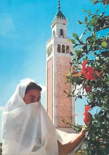 Postcard Africa Tunisia la Marsa minaret and traditional costume woman 1970