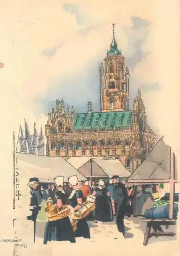 Postcard Netherlands Middelburg cathedral clocktower