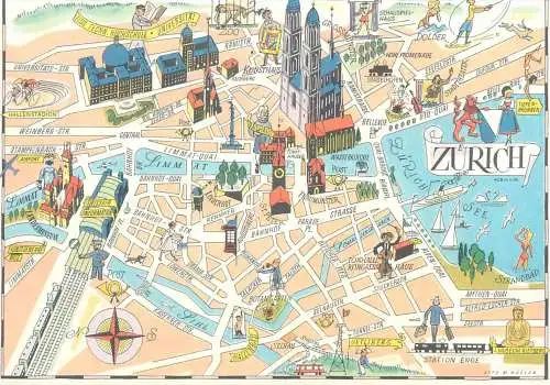 Switzerland postcard map of Zurich