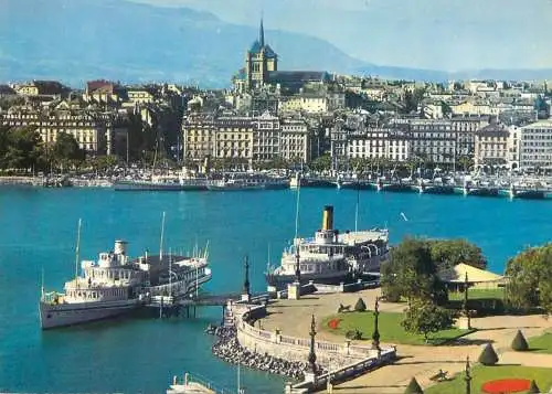 Switzerland postcard Geneve general view sea side yacht 1985
