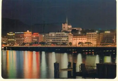 Switzerland postcard Geneve night scene 1985
