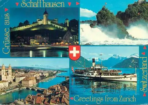 Switzerland postcard greetings from Zurich multi view Schaffhausen paddleboat castle aerial 1989
