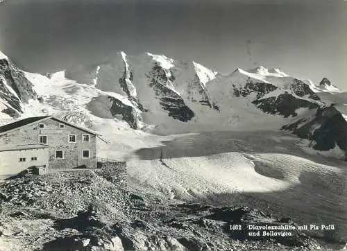 Switzerland postcard Diavolezzahutte mit Piz Palu und Bellavista winter mountain scene