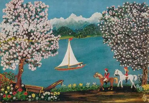 Germany postcard Lucy Seemann on the lake of Starnberg painting