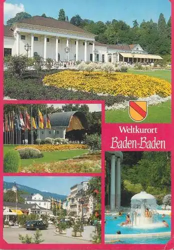Germany postcard Welkurort Baden Baden multi view flags fountain 1990