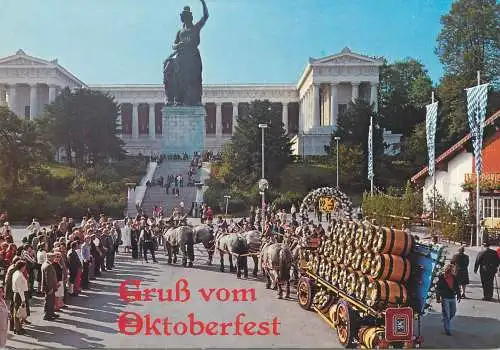 Germany postcard Munchen Grub vom Oktoberfest beer barrels