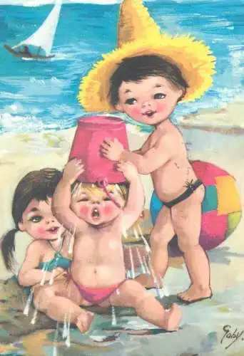 Belgium postcard greetings card children playing in the sand beach view