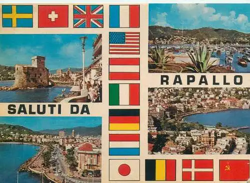 Italy postcard saluti di Rapallo 1980 flags castle