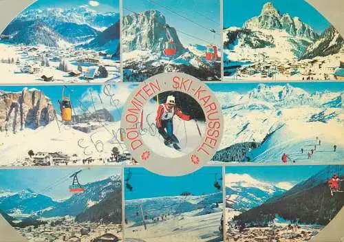 Italy postcard Dolomiten ski karussell teleferiquw teleski winter resort